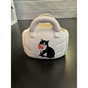 Vintage Cat Figurine‎ Planter Black and White Tuxedo Cat On Purse Shaped Holder